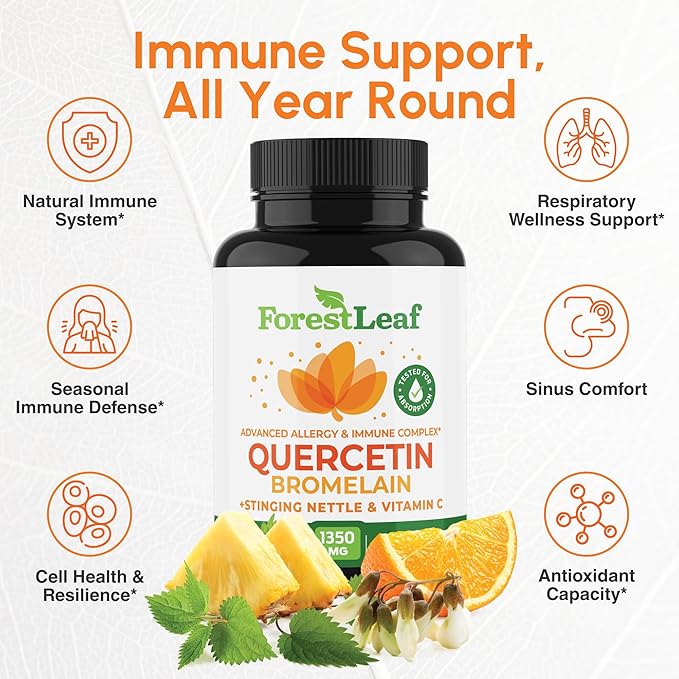 ForestLeaf Quercetin with Bromelain 1350mg - Blend with Vitamin C &amp Stinging Nettle Supplement Quercetin 500mg Capsules Non-GMO Gluten Free Natural Function 90 Veggie Caps