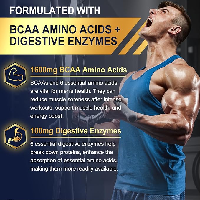 Methylated Multivitamin for Men Gummies BCAA Amino Acids Zinc Daily Vitamin A C D3 E K2 B Complex Calcium Magnesium Lycopene Digestive Enzymes - Energy Immune Muscle- Sugar Free Vegan 60Cts