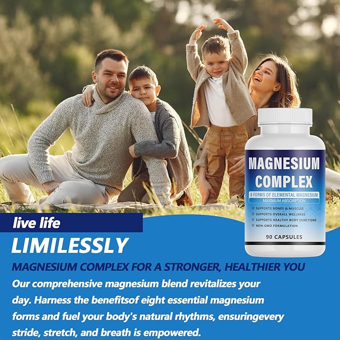 Magnesium Complex Supplement - 8 Elemental Magnesium 1000mg - Glycinate Citrate Malate Taurate Chelated | Easy Absorption Energy Support | Vegan Non-GMO 90 Capsules (1pc)