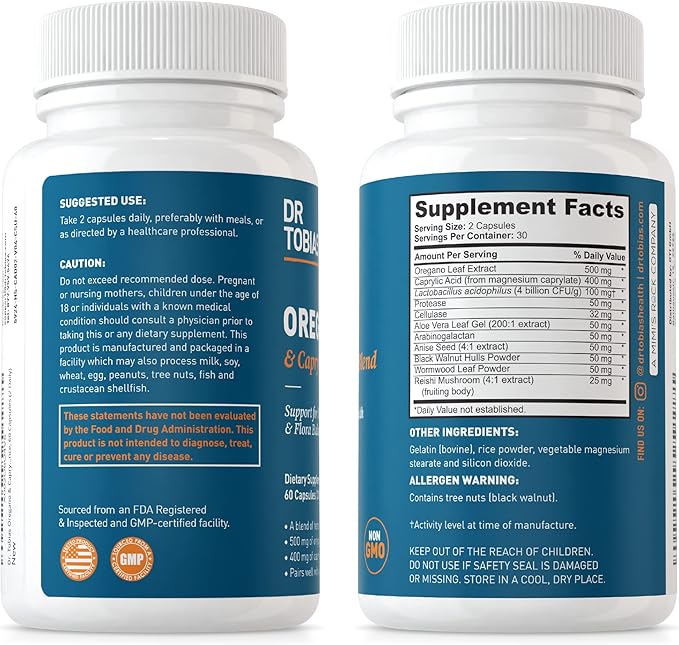 Dr. Tobias Omega 3 Fish Oil and Oregano &amp Caprylic Acid Supplements Supports Heart Brain Immune with Gut Flora Balance Complex &amp Intestinal Health for Women &amp Men