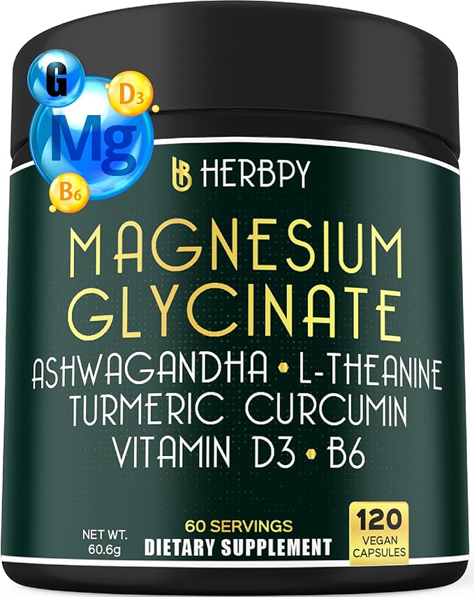 6in1 Restful Day and Night Supplement with Magnesium Glycinate Vitamin D3 B6 L-Theanine Ashwagandha and Turmeric Root - Brain Heart and Digestive Health Support - 120 Vegan Capsules