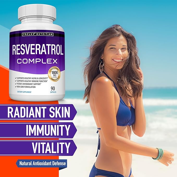 Resveratrol Supplement 1800 mg Antioxidant Complex - Highly Potent Natural Trans-Resveratrol Pills for Healthy Aging Overall Health Support Immune System Brain Function for Men Women 90 Capsules