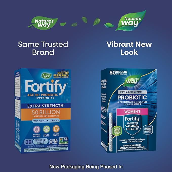 Nature's Way Women's Extra Strength(1) Fortify Probiotic 50B Cultures Supports Digestive Vaginal &amp Immune Health* Plant-Based Prebiotic Fiber Non-GMO Project Verified 30 Capsules