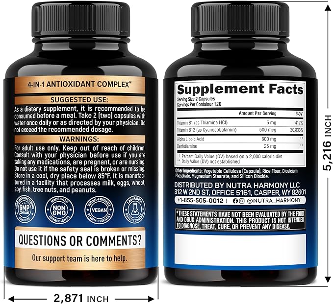 Alpha Lipoic Acid 600mg - ALA Supplement Antioxidant for Nerve Energy &amp Metabolism Support - Extra Strength with Benfotiamine B1 &amp B12 - Lab Tested NON-GMO &amp Vegan - 240 Capsules 4 Mon