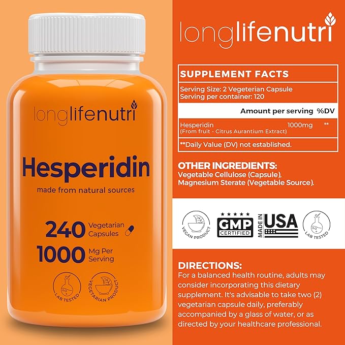 LongLifeNutri Hesperidin 1000 mg &amp Omega 3 Fish Oil 1000 mg Bundle - 240 Capsules + 120 Softgels 4 Month Supply Circulatory &amp Cognitive Support Non-GMO GMP Certified Made in USA