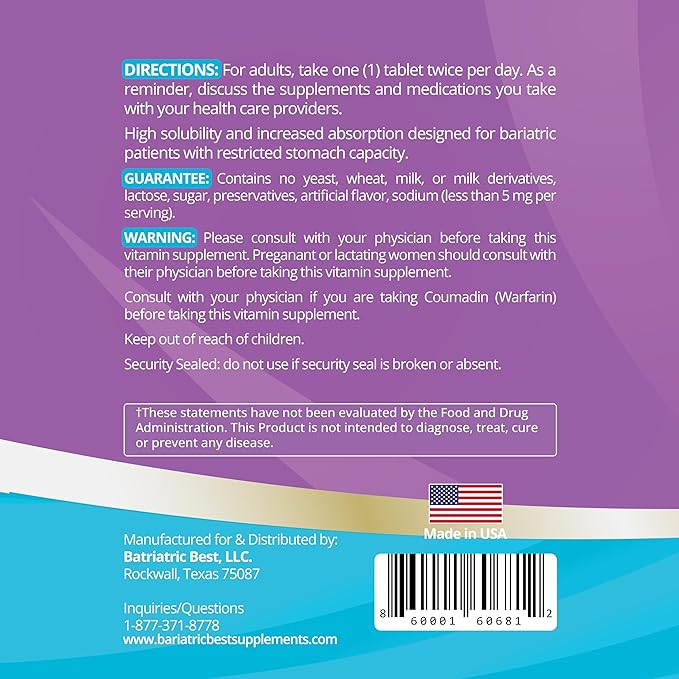 High A D E K Bariatric Multivitamin for Post DS/SADI Surgery 25 Essential Nutrients for Post-Weight Loss Surgery 180 Tablets Meets ASMBS Guidelines for Bariatric Bypass