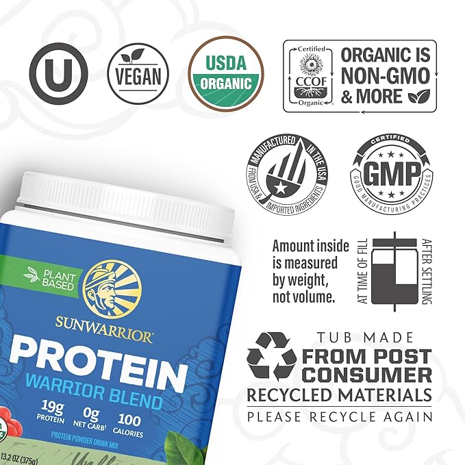 Sunwarrior Organic Plant Based Protein Powder | Vegan Organic Protein Powder Unflavored with BCAA Amino Acids &amp Hemp Seed Pea Blend | Non-GMO Soy Dairy Filler &amp Gluten Free (Unflavored 15 Ser