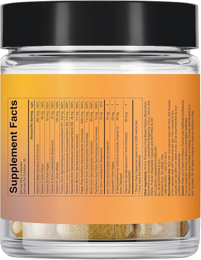 All In Nutritionals AM Multi-Vitamin +: Vegan Food-Based Multivitamin with Vitamin D3 K2 B12 Iron and Ionic Fulvic Acid