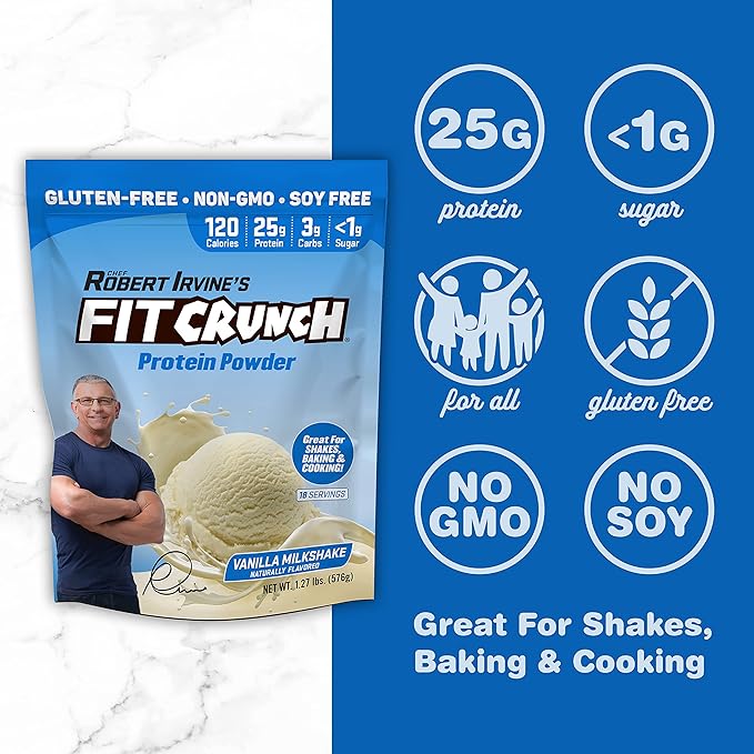 Fit Crunch Tri-Blend Whey Protein Keto Friendly Low Calories High Protein Gluten Free Soy Free (18 Servings Vanilla Milkshake)