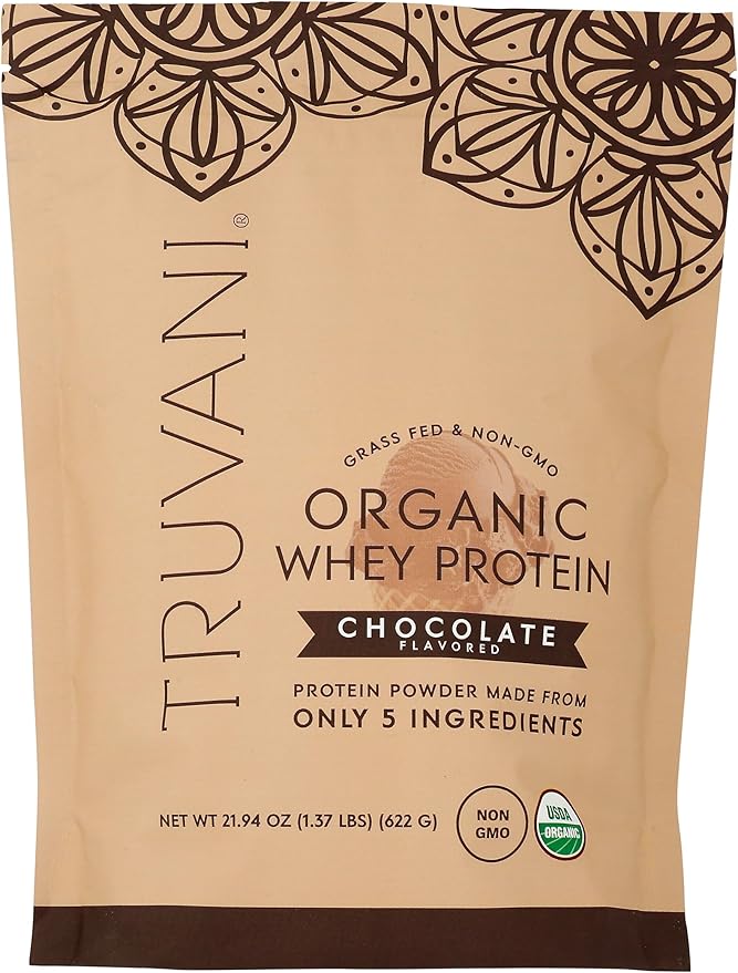 Truvani Organic Whey Protein Powder | Chocolate | 20g Grass Fed Whey Protein | 20 Servings | USDA Organic &amp Non-GMO | Gluten Free | No Gums No Soy No Stevia No Added Sugars