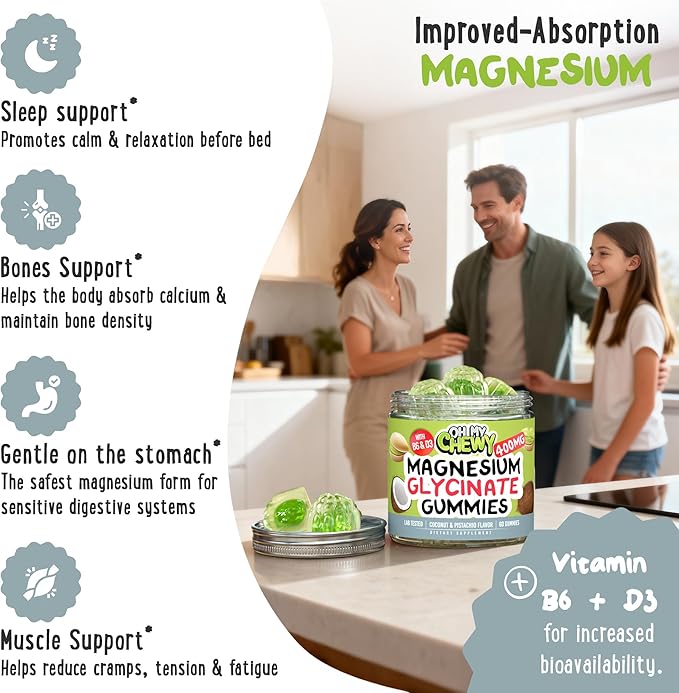 Center-Filled Magnesium Glycinate Gummies 400MG - High Absorption for Kids Teens &amp Adults - Supplement for Sleep Calm &amp Muscle Relaxation with B6 &amp D3 - Gluten Free &amp Vegan Friendly