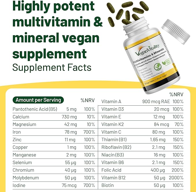 Vegan Vitality Multivitamins &amp Minerals for Women and Men with High Strength Vitamin B12 D3 &amp K2. 180 Vegan Multivitamin Tablets - 6 Months Supply. Vitamins for Vegans. Women Multivitamin