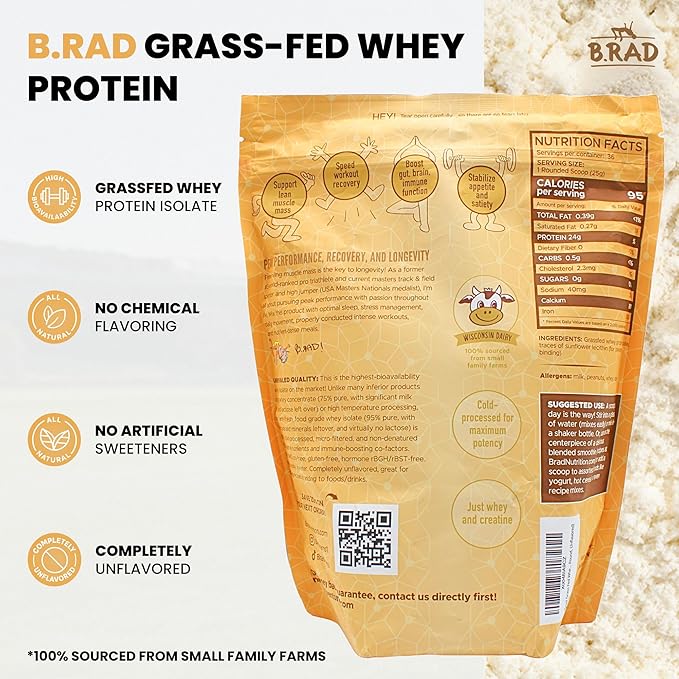 B.rad Grass Fed Whey Protein Isolate | Farm-Fresh Easy-to-Digest Clean Ingredients | 2 Pounds | 100% USA Sourced | Unflavored