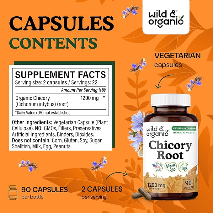 Wild &amp Organic Chicory Root Capsules - 1200 mg of Chicory Root Powder per Serving - Digestive &amp Gut Support - Inulin Fiber Prebiotic Supplement - Non-GMO Vegan Inulin Capsules - 90 Count