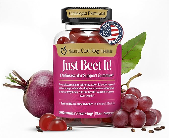 Just Beet It! Beet Root Gummies - Blood Pressure &amp Circulation Support Beet Gummies - Nitric Oxide Booster with CoQ10 &amp Grape Seed Extract - Heart Health &amp Energy for Men &amp Women - 60