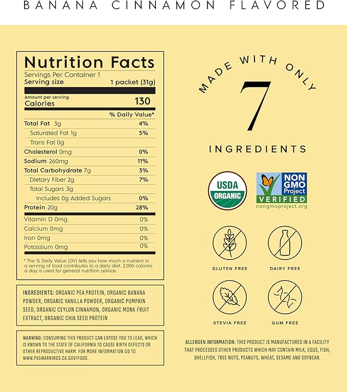 Truvani Vegan Pea Protein Powder | Banana Cinnamon | 20g Organic Plant Based Protein | Single Serving Travel Packets | 10 Servings | Keto | Gluten &amp Dairy Free | Low Carb | No Added Sugar