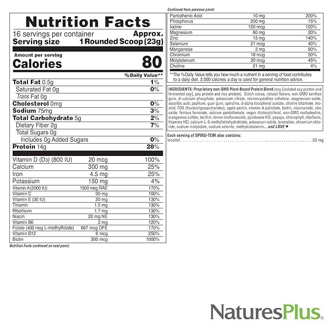 NaturesPlus SPIRU-TEIN Simply Natural Original Chocolate - 0.81 lb - Unsweetened Plant-Based Protein Shake - Non-GMO Vegetarian Gluten Free - 16 Servings