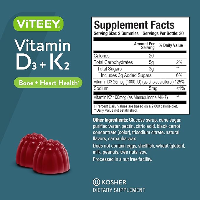 VITEEY Vitamin D3 K2 Gummies - 1000 IU Vitamin D3 and K2 100mcg - Bone &amp Heart Health for Adults and Teens - Vegetarian Gelatin Free GMO Free - Tasty Chewable D3K2 Vitamins Strawberry Flavored G