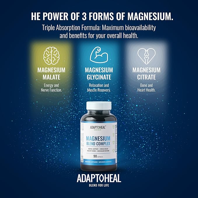 ADAPTOHEAL Magnesium Complex – Glycinate Malate &amp Citrate with Vitamin B6 Sleep Support Stress Relief Muscle Relaxation Nervous System Support – 90 Capsules