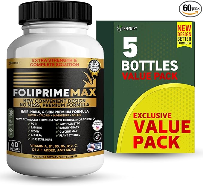 Foliprime Max Hair Nails &amp Skin Supplement with Biotin Vitamins Minerals &amp Herbal Blend 60 Capsules (5)