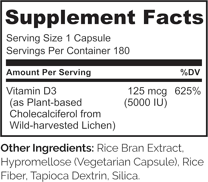 NATURELO Vitamin D - 5000 IU - Plant Based from Lichen - Natural D3 Supplement for Immune System Bone Support Joint Health - High Potency - Vegan - Non-GMO - Gluten Free - 180 Capsules