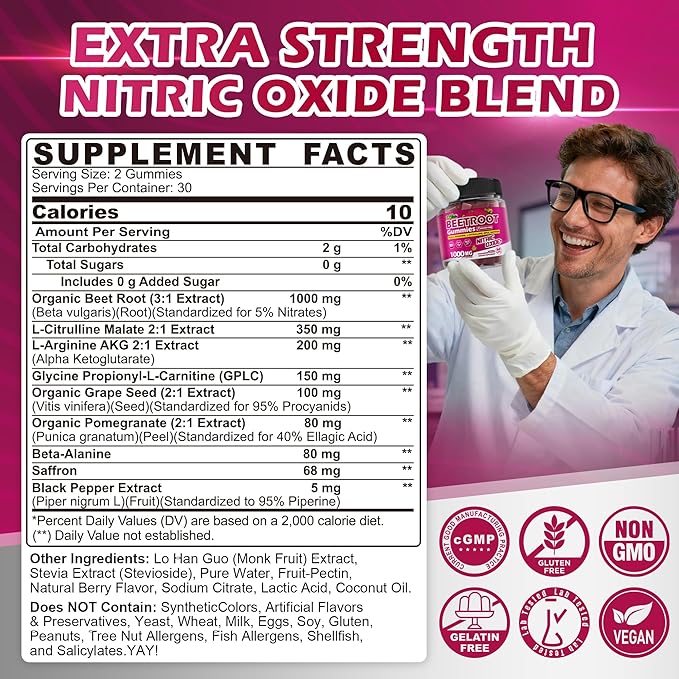 2PACK Organic Beet Root Gummies with L-Citrulline &amp L-Arginine + Methylated Multivitamin for Men Gummies