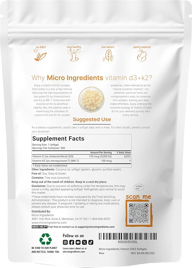 Micro Ingredients Vitamin D3 5000 IU + K2 MK-7 100 mcg 300 Softgels | Virgin Coconut Oil | 2-in-1 Support | Easy to Swallow Non-GMO