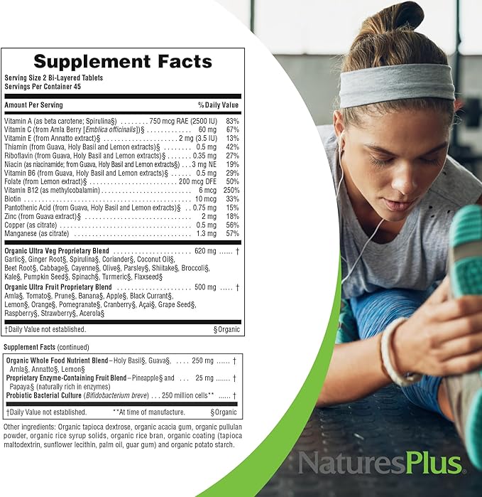 NaturesPlus Ultra Juice Multivitamin - 90 Bi-Layered Tablets - Whole Food Supplement with Fruits Vegetables &amp Probiotics - Energy Digestion &amp Immune Health Support - USDA Organic - 45 Servin