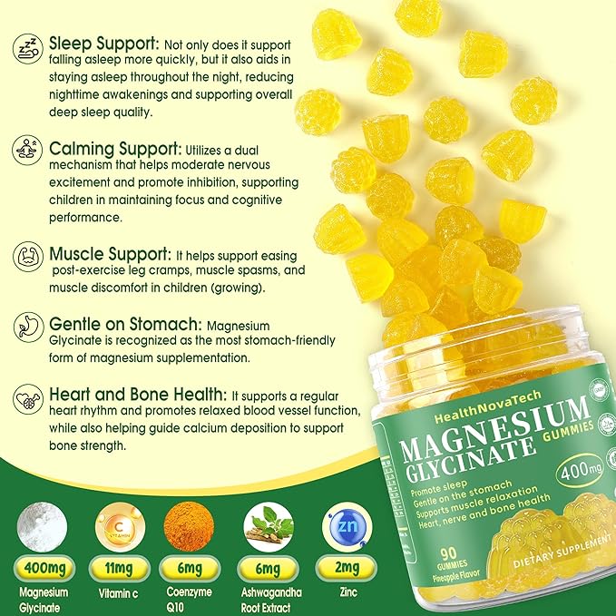 Magnesium Glycinate Gummies 400mg with Ashwagandha CoQ10 Zinc &amp Vitamin C - Women Men Adults &amp Kids 4+ - Sugar Free Vegan Gummies for Sleep Relaxation &amp Stress Relief-Pineapple Flavor
