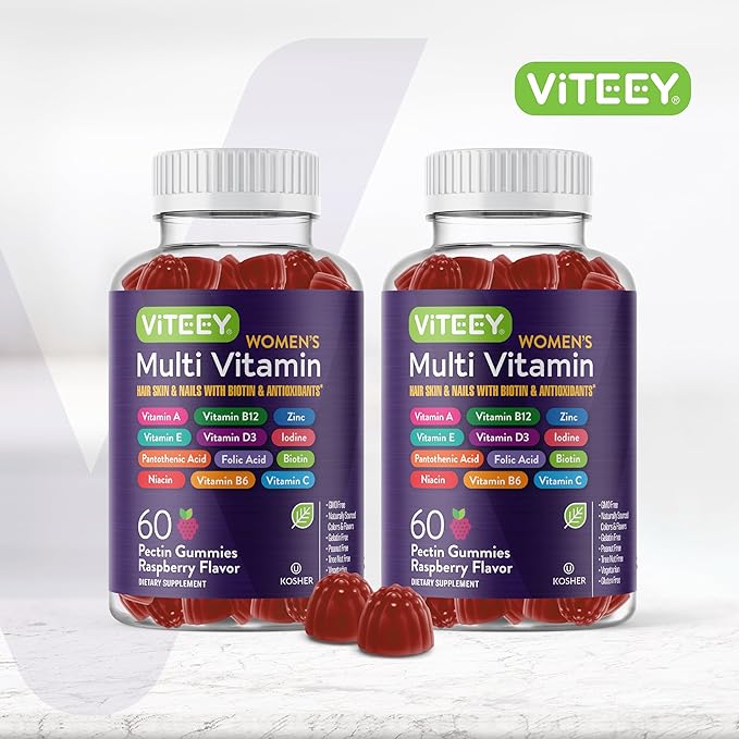 Viteey Womens Multivitamin Gummies - Immune Support - 12 in 1 Essential Vitamins &amp Minerals - Vitamin A C D3 E B6 B12 Folic Acid Biotin Calcium Zinc &amp More - Vegetarian - Raspberry Fl
