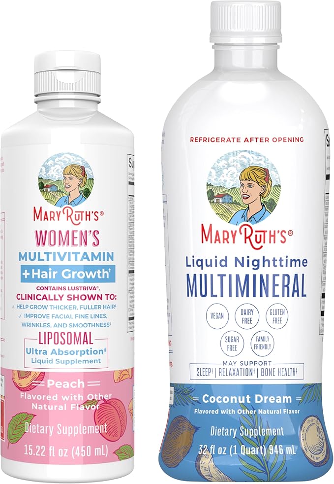MaryRuth's Women's Multivitamin + Hair Growth Liposomal (Peach) &amp Liquid Nighttime Multimineral (Coconut 15oz) | Clean Label Project Verified® | Vegan | Beauty Bedtime Routine &amp Overall Hea