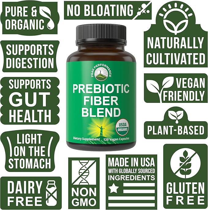 USDA Organic 3-in-1 Prebiotic Fiber - Vegan Capsules for Gut Digestive Health. Raw Whole Food Plant Based Prebiotics Pills Supplement with Inulin (Jerusalem Artichoke) Acacia Fibers SunFiber