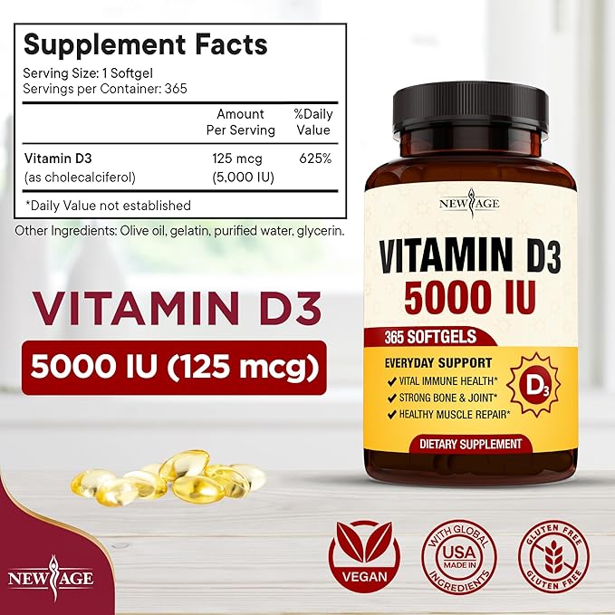 NEW AGE Vitamin D3 5000 IU 125mcg Softgels - Support Immune Support Strong Bone Health - Non-GMO Gluten-Free Dairy-Free1 Year Supply (360 Softgels (Pack of 1))