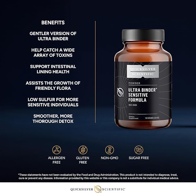 Quicksilver Scientific Ultra Binder Sensitive Formula - Gut Health Supplement with Activated Charcoal Bentonite Clay - Cleansing Support Powder (120g)