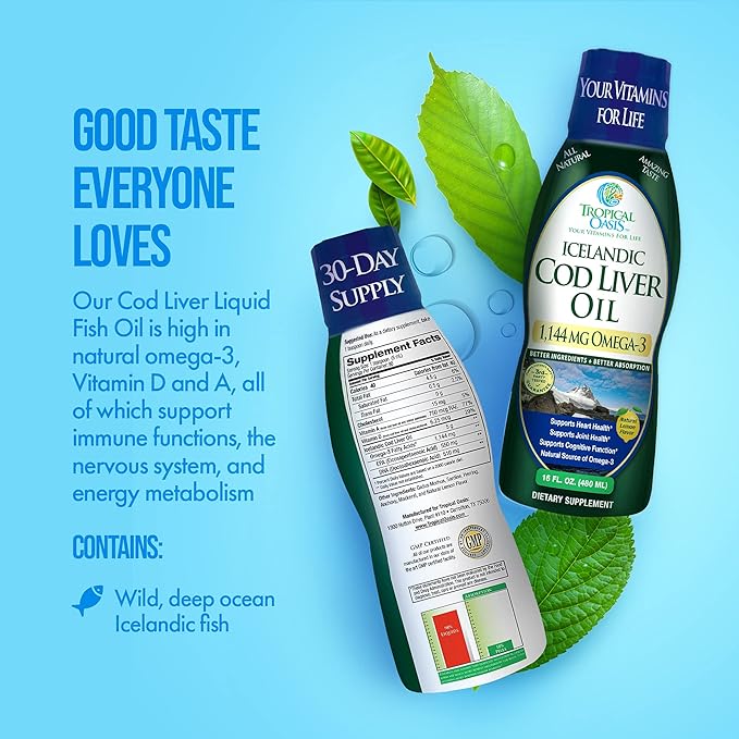 Tropical Oasis - Icelandic Cod Liver Oil | Maximum Strength 1144mg of Liquid Wild-Caught Natural Omega-3 Fish Oil (Lemon Flavor 90 Servings)