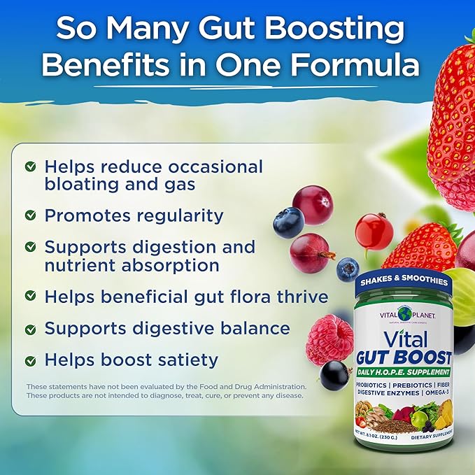 Vital Planet - Vital Gut Boost Powder by Brenda Watson PBS Gut Check Hope Supplement with Fiber 35 Omega 3 Oil Probiotics and Digestive Enzymes 8.1oz 230 Grams 30 Servings