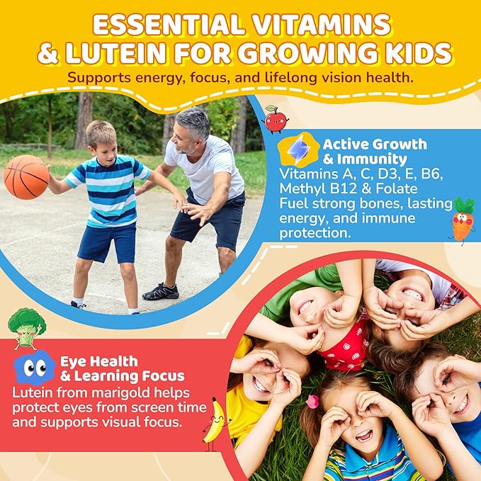 Kids Probiotic + Prebiotic Fiber Gummies 5G 12 Billion CFU Probiotic &amp Veggie Fruit Fiber w/ Organic Inulin Methyl B12 B6 D3 C Lutein for Children's Digestive &amp Gut Immune Health Sugar F