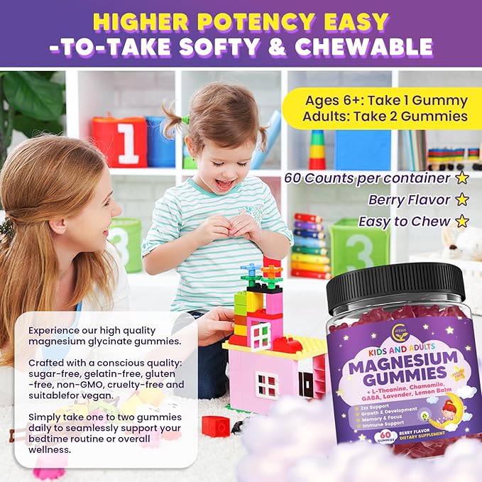 (2 Pack) Magnesium Glycinate Gummies for Kids &amp Adults Sugar Free Magnesium Glycinate 400/200mg Supplement with Chamomile Lavender L-Theanine &amp GABA B6 D3 &amp K2 for Relax Brain Immun