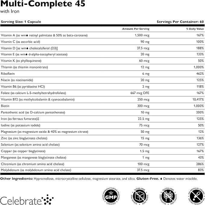 Celebrate Vitamins Multi-Complete | Bariatric Multivitamin with 45 mg Iron—Daily Essential Vitamins &amp Minerals for Sleeve Gastrectomy &amp Gastric Bypass