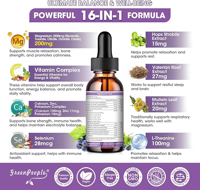 GREENPEOPLE Magnesium Glycinate Liquid Drops - 1000mg 5-in-1 High Absorption Liquid Magnesium for Sleep with D3/K2/B6 | Fast-Acting Bone Muscle &amp Sleep | Sugar-Free Grape Flavor 2fl Oz