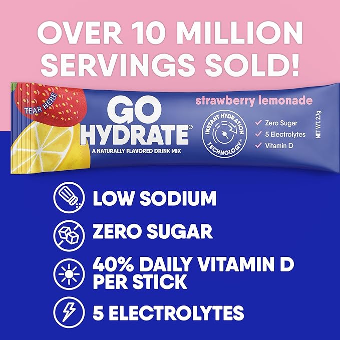 GoHydrate Low Sodium Electrolytes Powder Packets Sugar Free - Instant Hydration Daily Drink Mix - Zero Sugar Water Flavor Packet Singles with Vitamin D - (Strawberry Lemonade 30 Packs)