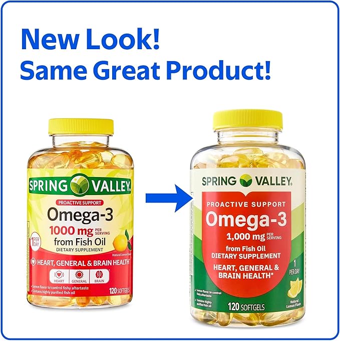 Spring Valley Omega-3 Soft Gels 1000mg Natural Lemon Flavor 120 Count – Supports Heart Brain &amp Immune Health