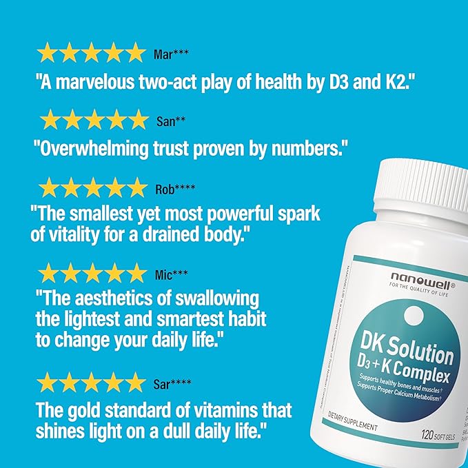 NANOWELL DK Solution 120 Softgels X 2 Bottles (Vitamin D3 + K Complex) - Dietary Supplement for Bone Teeth and Muscle Health Immune Support (240 Count)