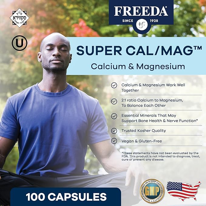 Freeda Super Cal/Mag – Kosher Vegan Bone Health Supplement – Supports Bone Strength Nerve Function &amp Muscle Relaxation – Vegetarian Calcium Magnesium Capsules – Third-Party Tested – 250 Capsules