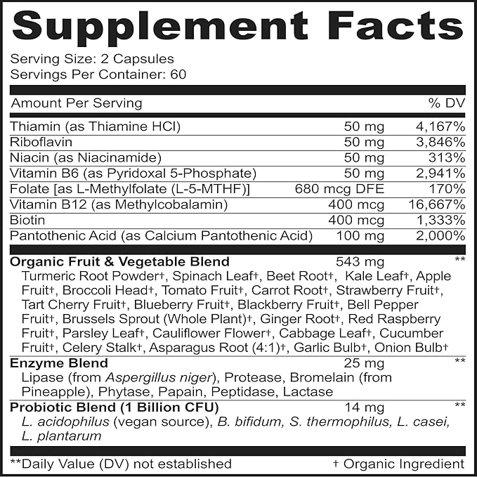 MoxyVites Vitamin B Complex - B Vitamins Whole Food Supplement B12 Methylcobalamin B1 B2 B3 B5 B6 B7 B9 - for Stress Energy and Immune Support Vegan 120 Capsules