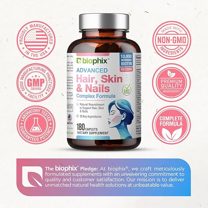 biophix Hair Skin and Nails Complex 180 Caplets with 10000 mcg Biotin - Multivitamin Supports Strong Nails Beautiful Hair Healthy Aging