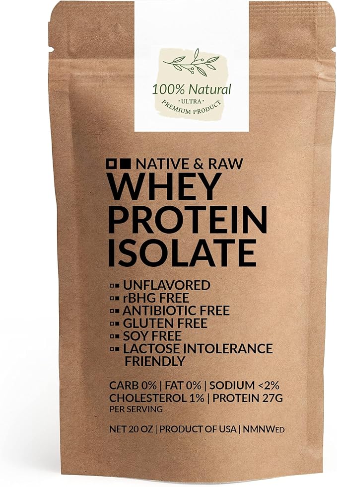 Native &amp Raw Whey Protein Isolate Unflavored 0percent Carb Low CholesterolSodium rBGH Free Antibiotic Free Gluten Free Soy Free Good for Keto Paleo and Lactose Intolerance 20 Oz