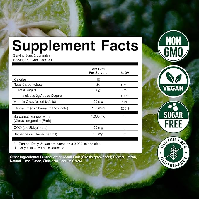 Citrus Bergamot 1000MG Gummies for Women and Men Citrus Bergamot Extract with Berberine CoQ10 Chromium &amp Vitamin C Metabolic &amp Antioxidant Support Sugar Free Vegan Lime Flavor 60 Gummi
