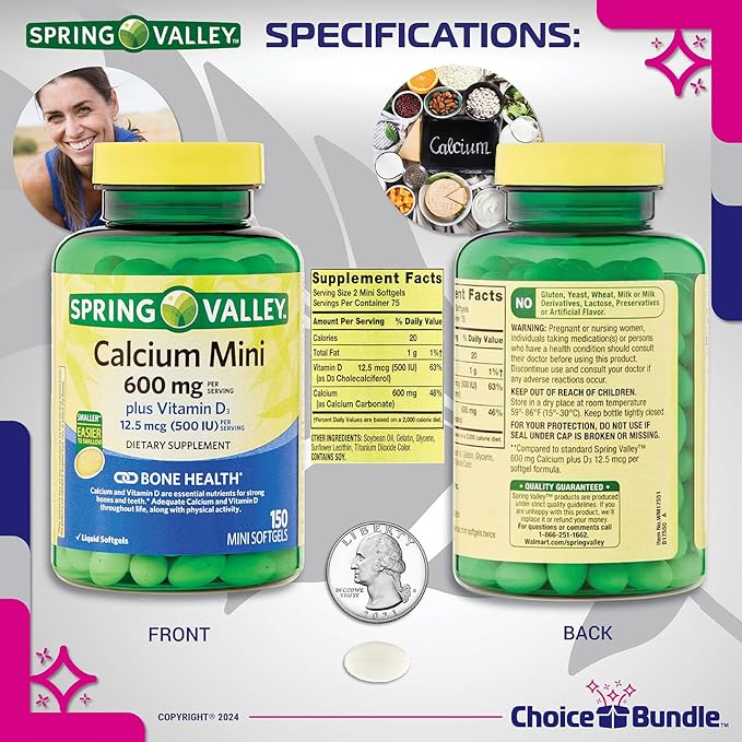 Spring Valley Calcium 600 mg Plus Vitamin D3 12.5 mcg 150 Ct Mini Softgels 3 Pk (450 Total) + “Vitamin Vitality” Guide &amp Pill Container (5 Items)!