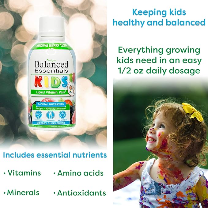 Wellgenix Balanced Essentials Kids Liquid Multivitamin – 94 Nutrients Including Vitamins Minerals &amp Omega Fatty Acids – Mixed Berry Flavor – 16 fl oz
